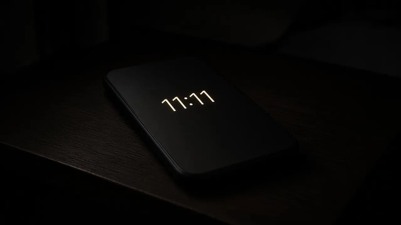 Телефон на тёмном дереве, на экране 11:11